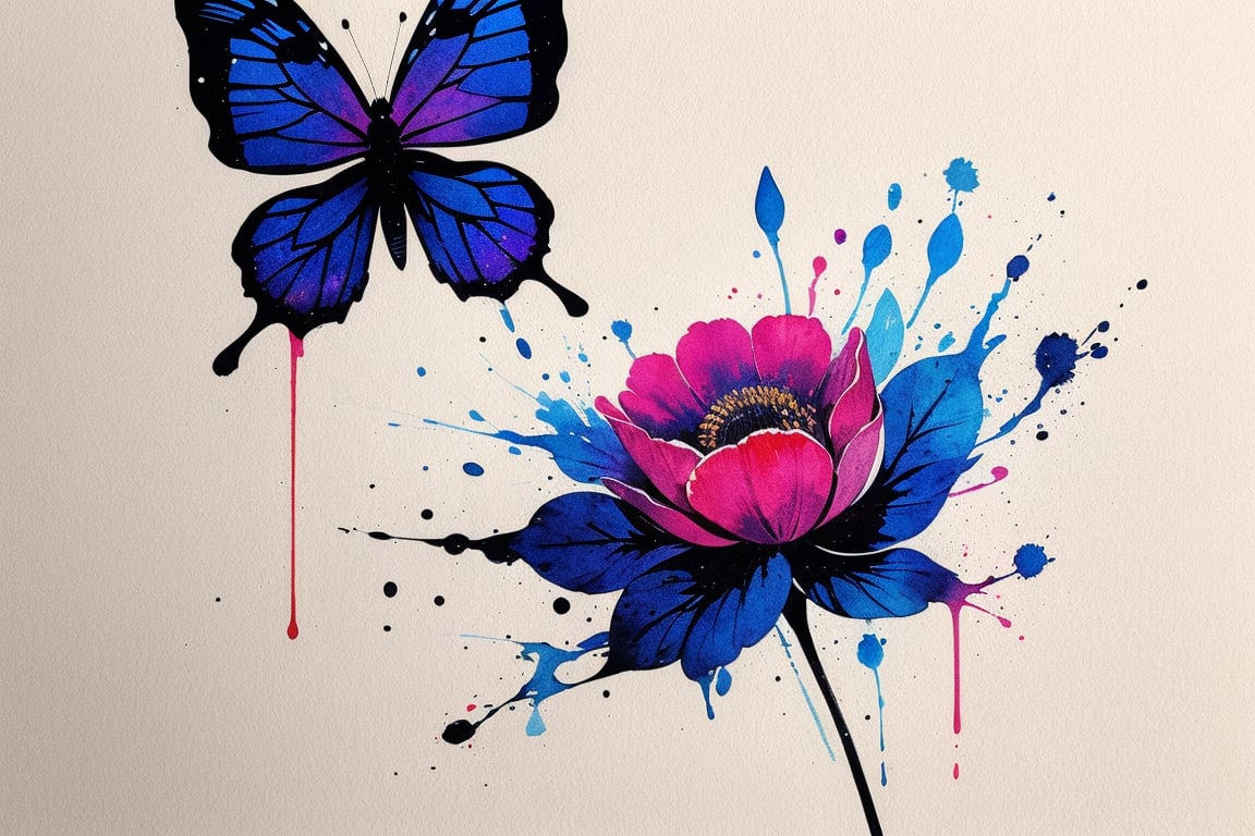 flower, butterfly, minimalism, ink, watercolor,