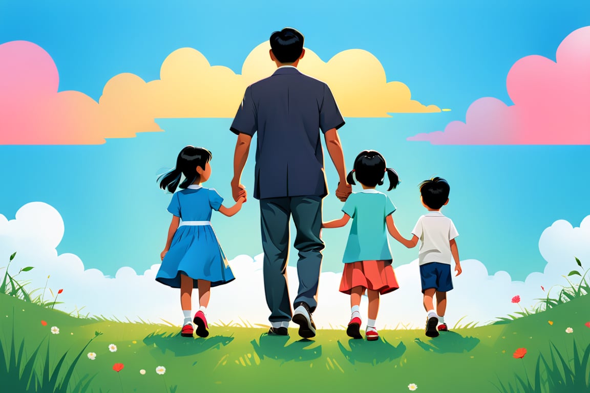 Left side picture, father with 1 son and 1 daughter, Asian, holding hands, rear view, 1 boy, 1 girl, kids, black hair, dress, outdoor, sky, grass, right side English cursive "Happy Father's Day", poster, color block style,
Use hue to represent light and shadow,