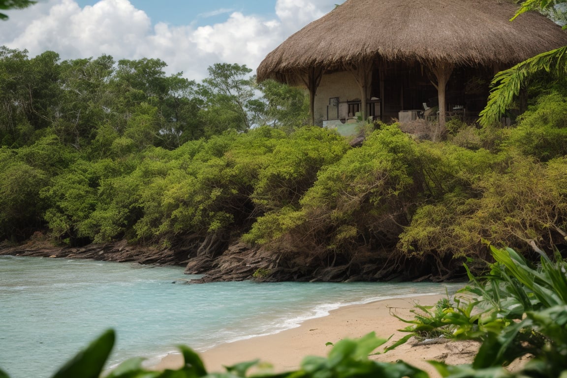 outdoor, sky, day, clouds, water, trees, blue sky, no humans, ocean, beach, thatch, landscape, sand, coast,
macro photography, original photos, realistic, photography,