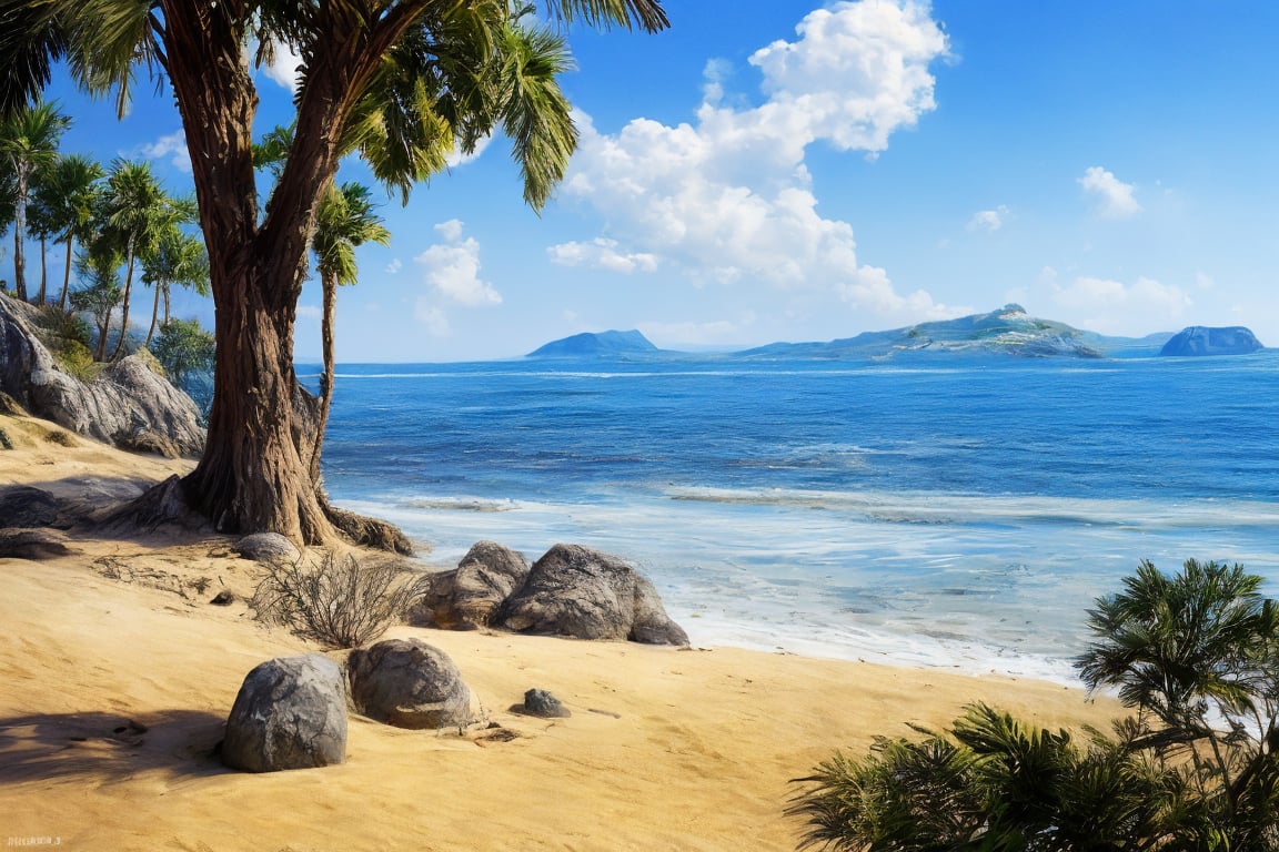 outdoor, sky, day, clouds, water, trees, blue sky, no humans, ocean, beach, thatch, landscape, sand, coast,
macro photography, original photos, realistic, photography,