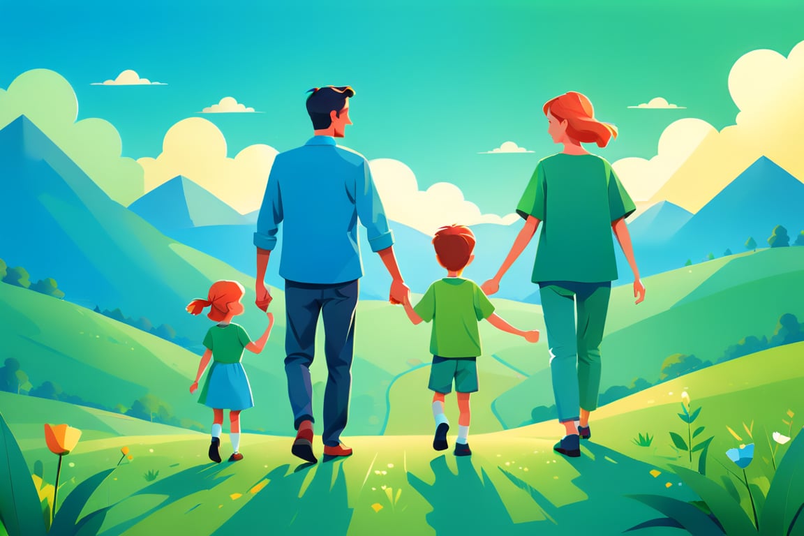 A father holding hands with a son and a daughter, outdoor scene, blue sky and green land. Flat vector art, minimalist color blocks, fairy tale picture book style, using tones to express light and shadow,