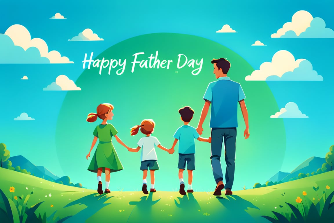 A father holding hands with a son and a daughter, outdoor scene, blue sky and green land, with ''Happy Father's Day'' written in English cursive font. Flat vector art, minimalist color blocks, fairy tale picture book style, using tones to express light and shadow,