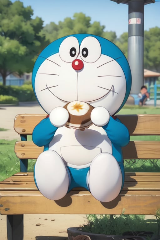 1 Doraemon, smooth, moved, sitting on the bench, eating an dorayaki, background is beautiful park and blurred, smooth, realistic, foodstyle, slight photography, detalied_background, high quality, realistic, 3d