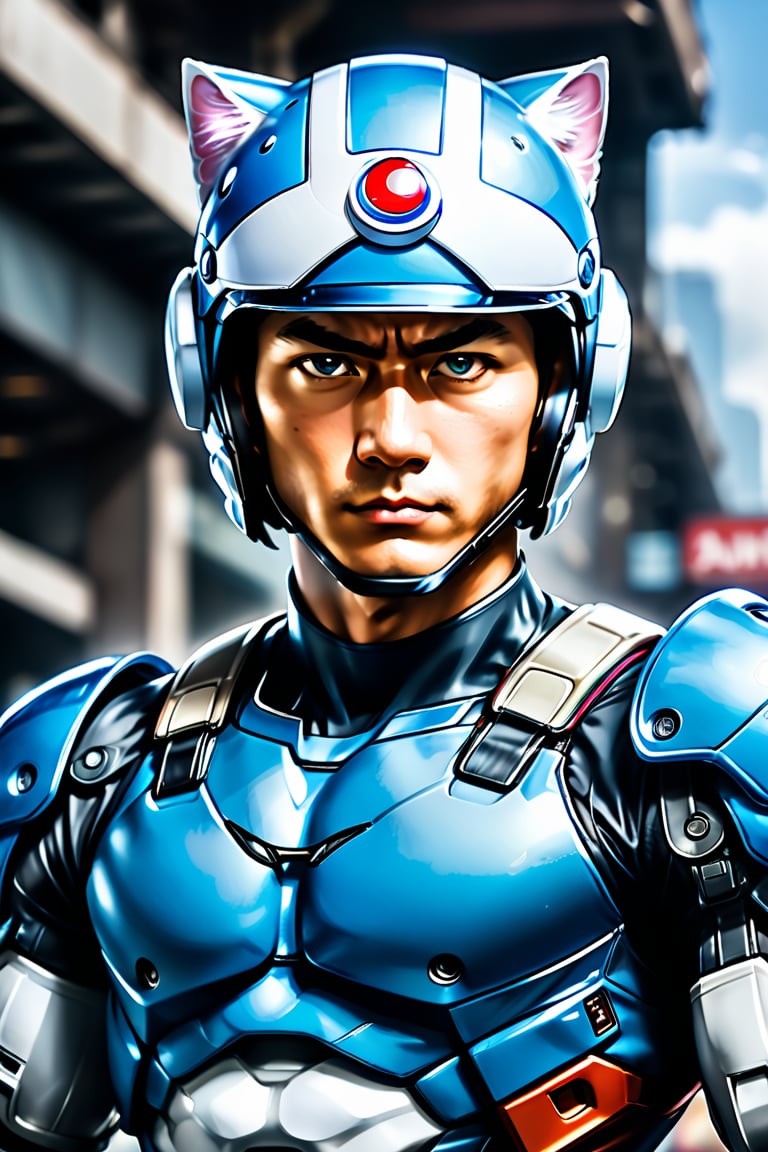 1 masculine man, realistic, wearing the cat ears safety helmet, armer full doraemon tones bodysuit, doraemon face musk,man focus, blurry background, maturing, fit,

perfect eye , perfect hand. more detail XL, aeggernawt , jaeggernawt,mecha,Ryuji Satake,jinjianceng,more detail XL,