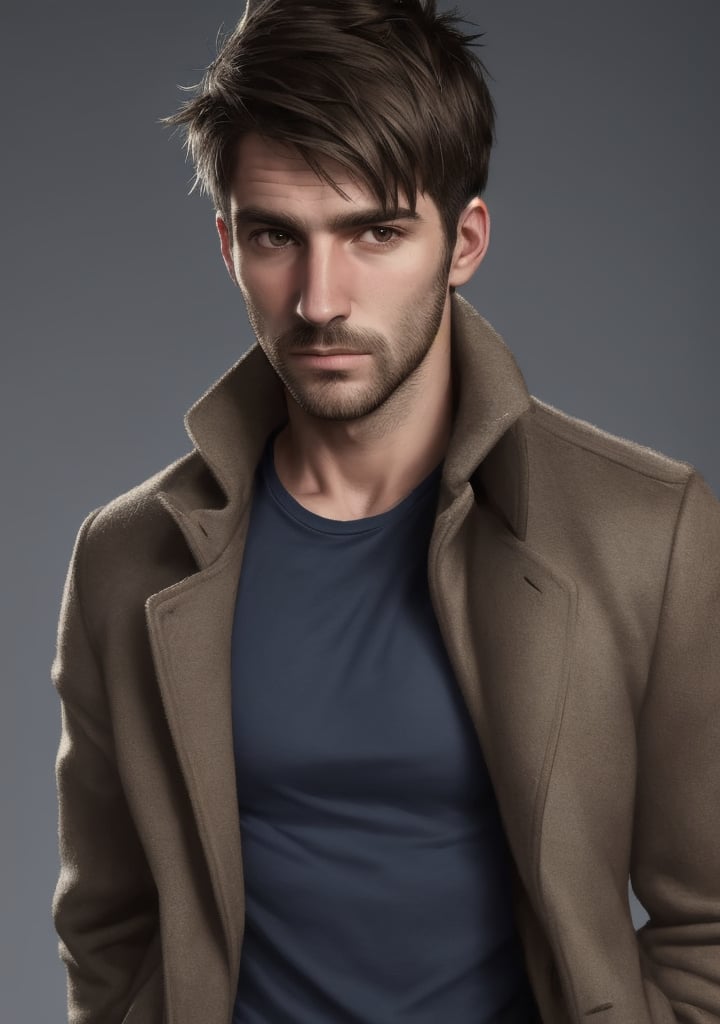 
short hair, short stubble,
sophisticated , low-key, rugged, masculine, 
t_shirt, coat