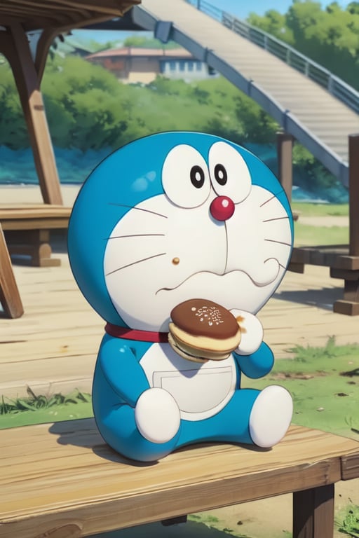 1 Doraemon, smooth, moved, sitting on the bench, eating an dorayaki, background is beautiful park and blurred, smooth, realistic, foodstyle, slight photography, detalied_background, high quality, realistic, 3d