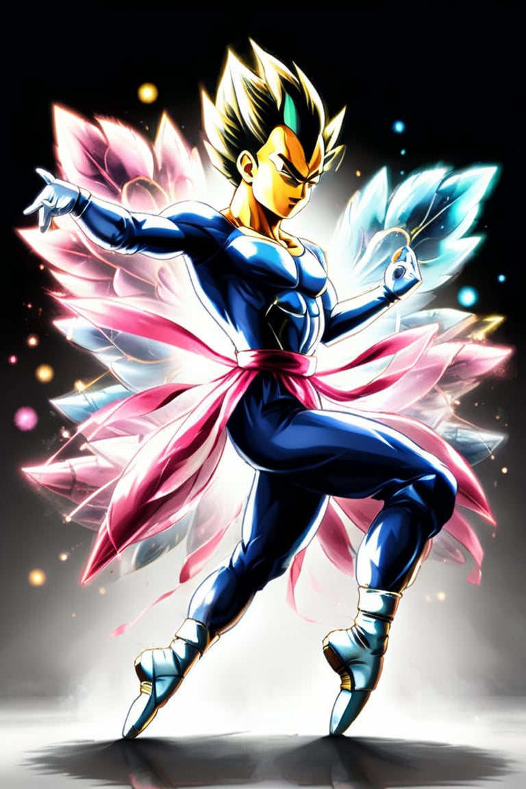 1 masculine man,  a shiny pink semi-transparent ballet outfit, dancing. Vegeta, no background, 