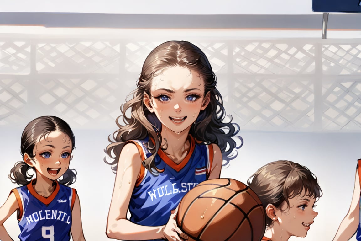 little Meika Woollard, skinny girl, little girl, skinny kids model,1girl, blue eyes, blonde hair, long hair, Talking to teammates in the locker room, basket ball player's blue costume, basketball player look, blue basketball uniform, standing, smile, happy, gymnasium basketball court, ((sharp face, detailed face, realistic face, naturtal skin, realistic skin, sweating, sweaty, detailed skin, pores)), without facial pattern, without facial paintings