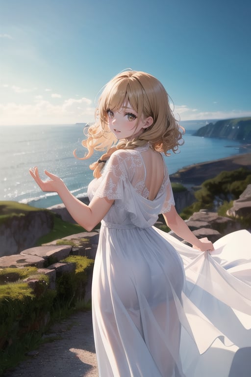 1girl, curly blonde hair, side braid, light brown eyes, wearing white long silk dress, top of costal cliff, absurd res, high res, ultrasharp, 8K, masterpiece, looking at viewer,anime