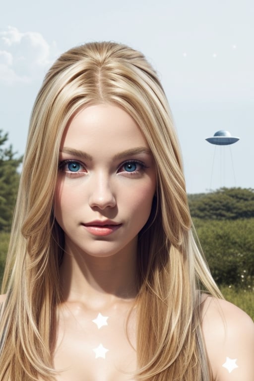 extraterrstial female with blond hair and there is a silver ufo in the background 
with a lot of stars, galaxies, planets, black holes and nebulas 
