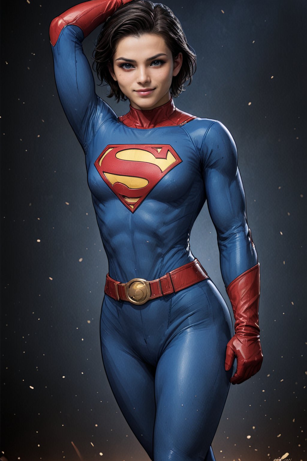 score_9, score_8_up, ultra sharp detail,comic book, cowboy shot, looking at viewer, photo realistic, hyper realistic
BREAK SuperGirl, white male,teenager, (14 years old), solo, superhero, toned, black hair, dark hair, (((blue eyes))), muscular
BREAK (((masculine))), crotch_bulge, (((big smile)))
BREAK blue loatard, latex leotard, long sleeves, red belt, gold belt buckle, blue tights, latex tights, red elbow gloves, latex gloves
BREAK background city, night,<lora:659095807385103906:1.0>