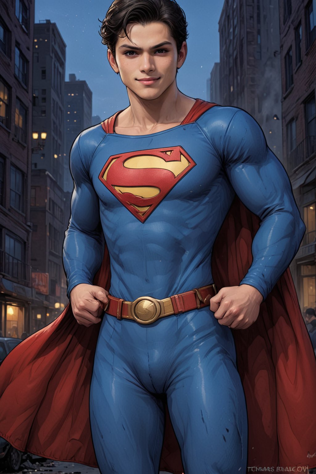 score_9, score_8_up, ultra sharp detail,comic book, cowboy shot, looking at viewer, photo realistic, hyper realistic
BREAK SuperGirl, white male,teenager, (14 years old), solo, superhero, toned, black hair, dark hair, (((blue eyes))), muscular
BREAK (((masculine))), crotch_bulge, (((big smile)))
BREAK blue loatard, latex leotard, long sleeves, red belt, gold belt buckle, blue tights, latex tights
BREAK background city, night,<lora:659095807385103906:1.0>