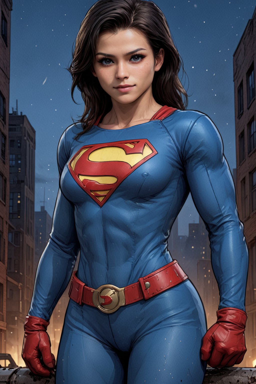 score_9, score_8_up, ultra sharp detail,comic book, cowboy shot, looking at viewer, photo realistic, hyper realistic
BREAK SuperGirl, white male,teenager, (14 years old), solo, superhero, toned, black hair, dark hair, (((blue eyes))), muscular
BREAK (((masculine))), crotch_bulge, (((big smile)))
BREAK blue shirt, latexshirt, long sleeves, buckle, blue tights, latex tights, red elbow gloves, latex gloves
BREAK background city, night,<lora:659095807385103906:1.0>