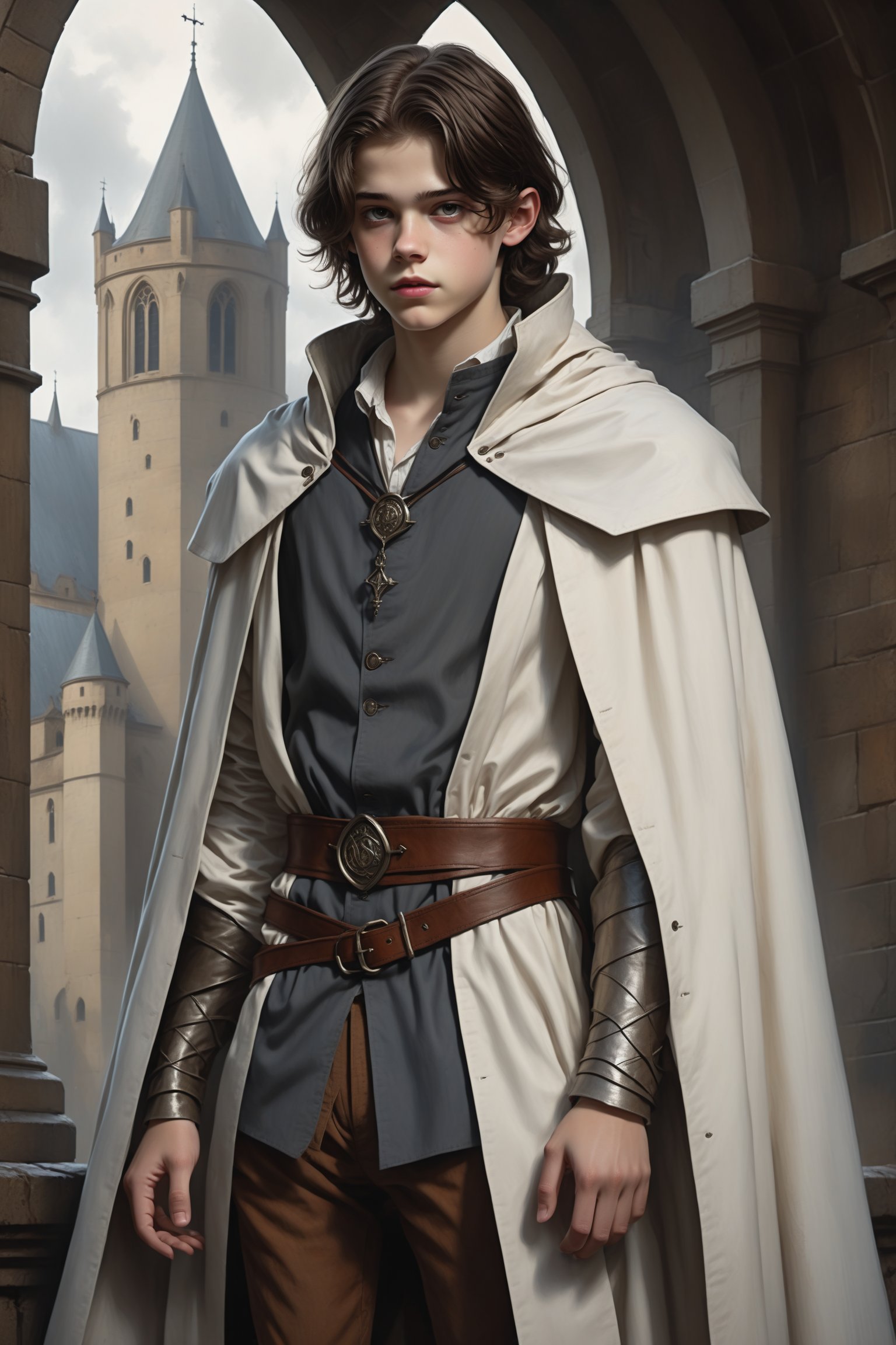 Resembling a digital painting or concept art in the style of Gerald Brom
BREAK score_9, score_8_up, ultra sharp detail, ultra realistic
BREAK (full body view), looking at viewer
BREAK Solo, 20 year old man, with brown hair and  gray eyes. His facial features resemble Noah Schnapp
BREAK (((Full body)))
BREAK dressed and equiped like a medieval cleric