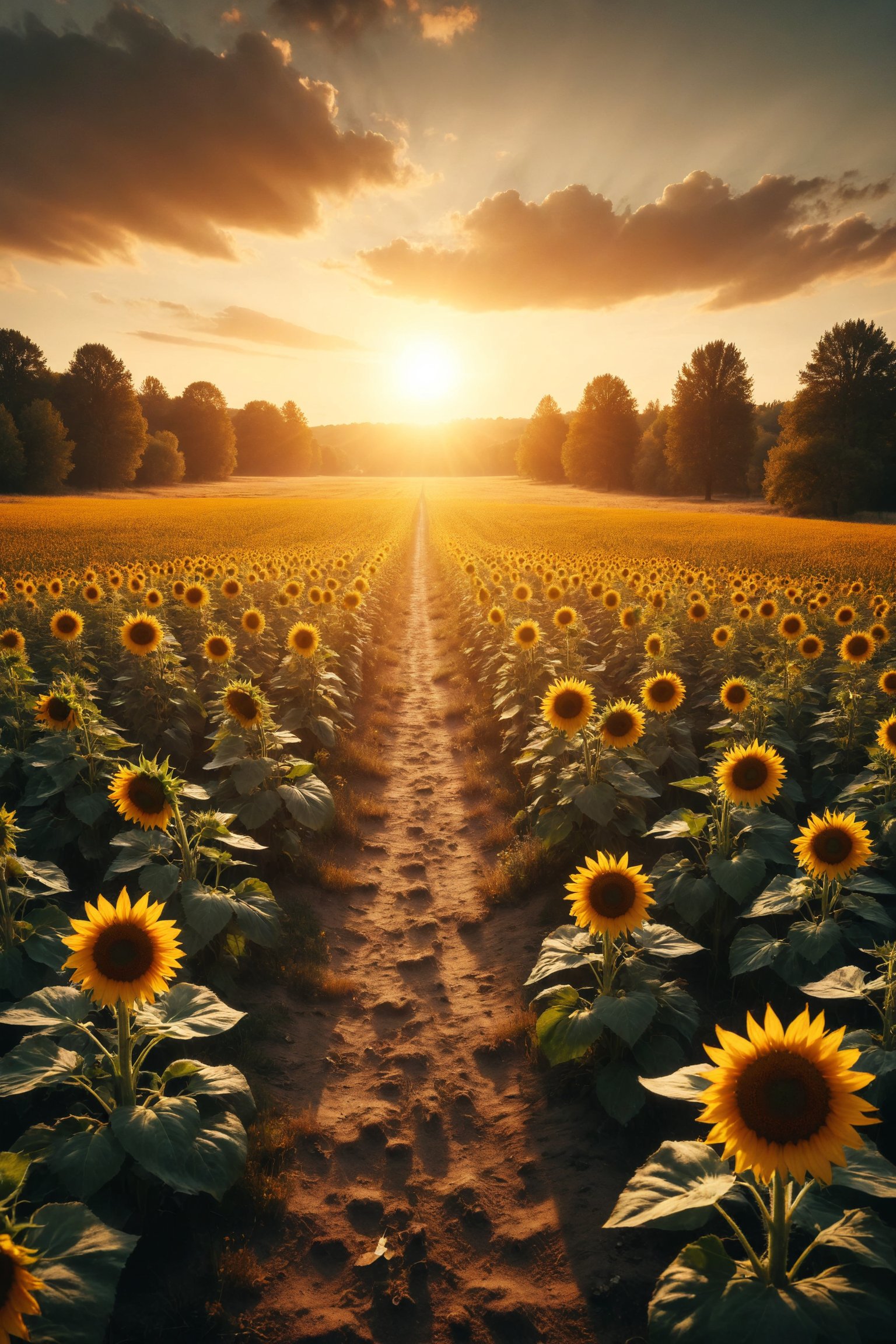 A field of sunflowers following the path of the sun,  creating a circular dance where love and friendship spread like ligh...