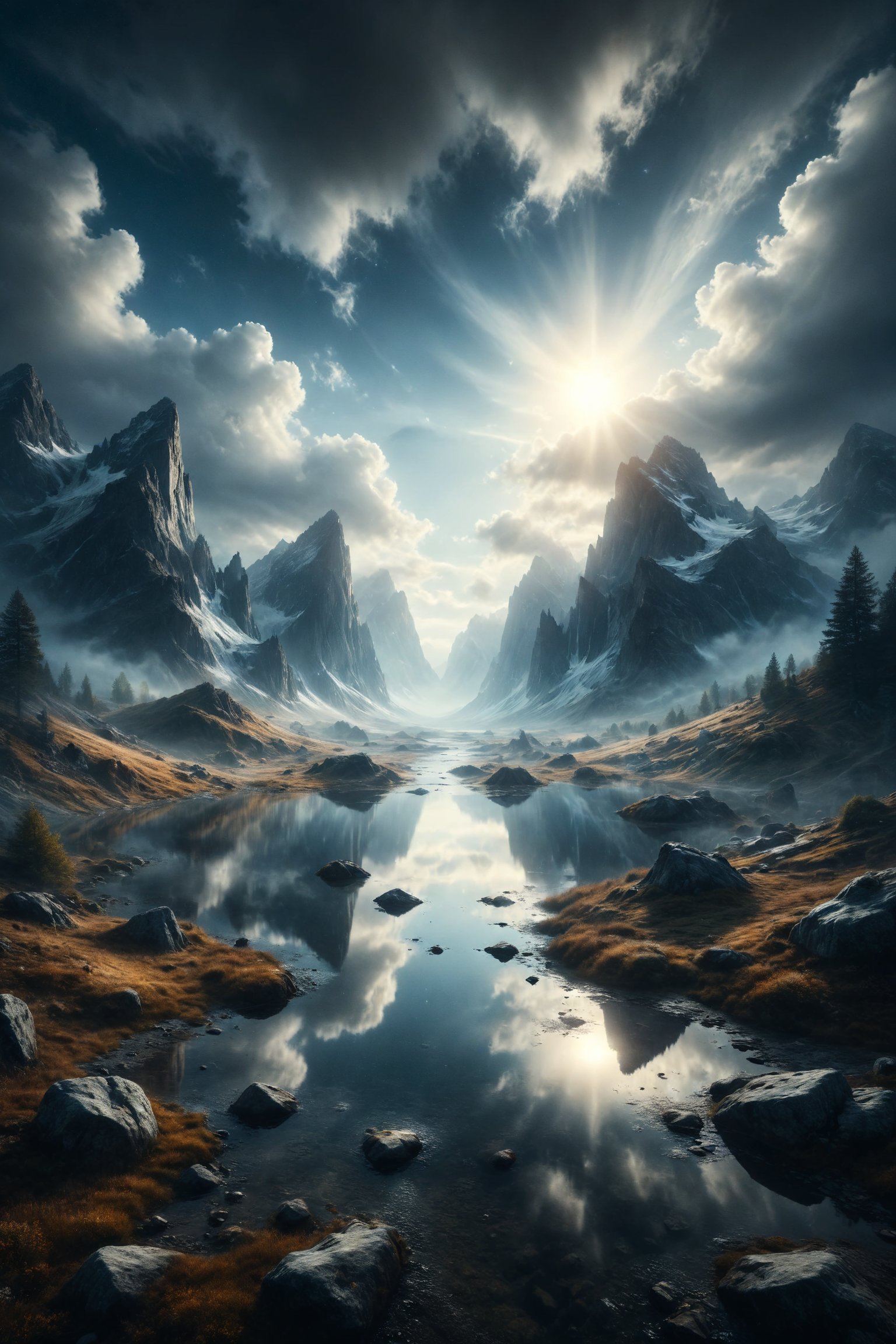 A surreal landscape where mountains merge with the sky,  reflecting on its surface a mirror where the most cherished memor...