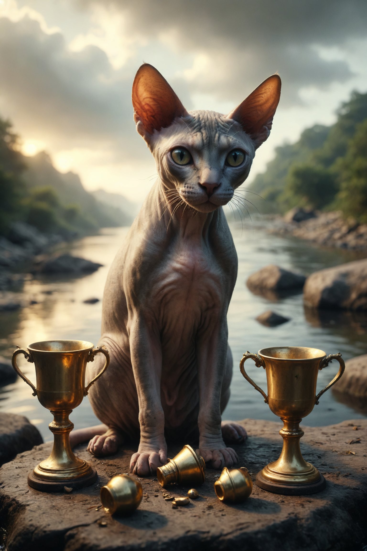 designs an image of a sad Sphynx cat standing by a river,  looking sadly at three fallen trophy golden cups while two gold...