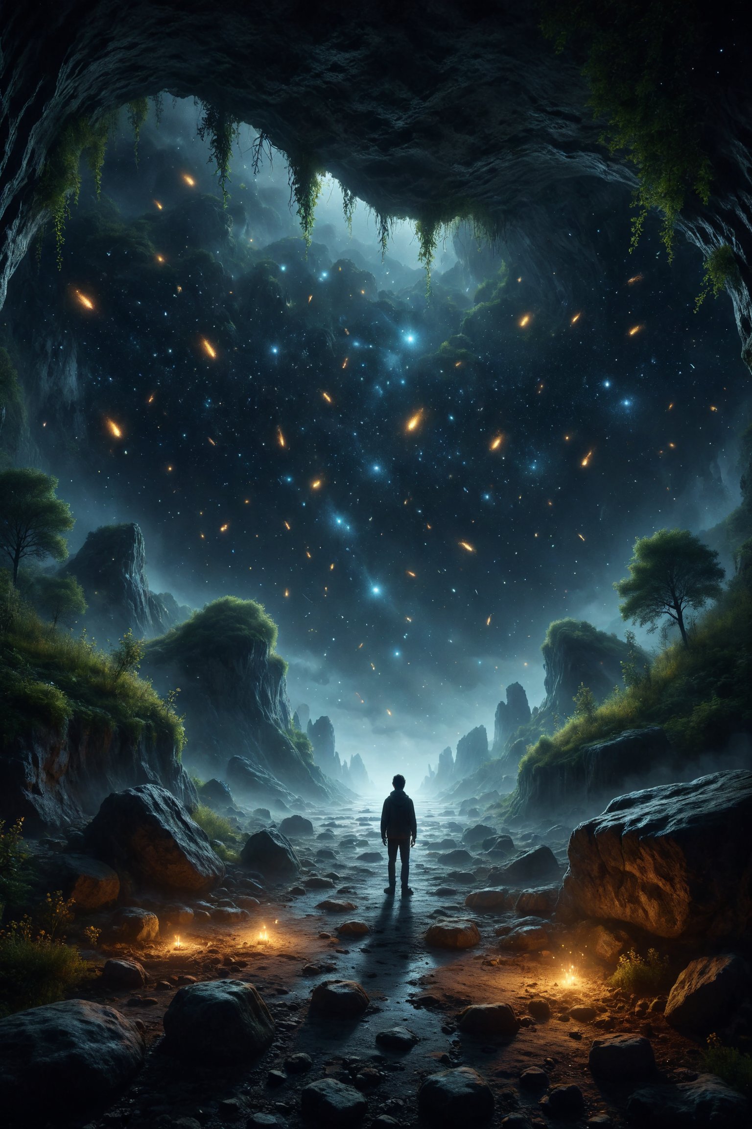 A cave illuminated by fireflies forming constellations,  revealing a secret universe where complicity and affection are th...