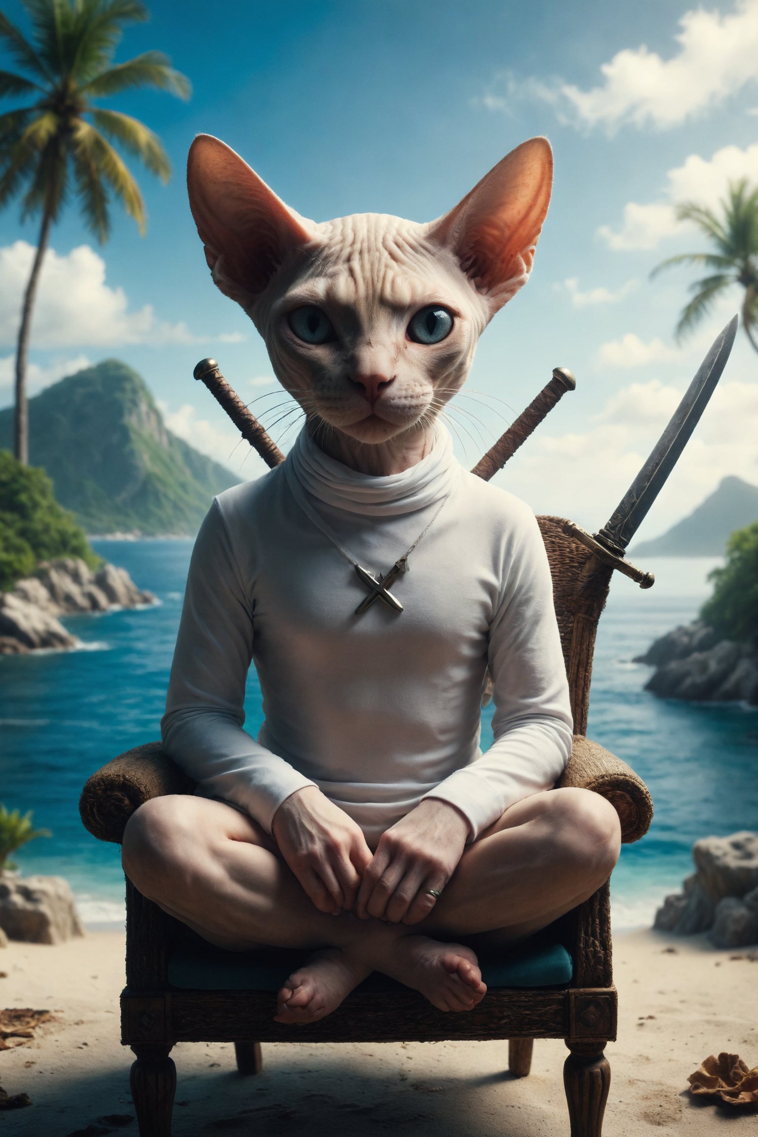 Design a scene of a Sphynx cat blindfolded,  and he must hold 2 swords forming an X on his chest,  dressed in white by ALX...