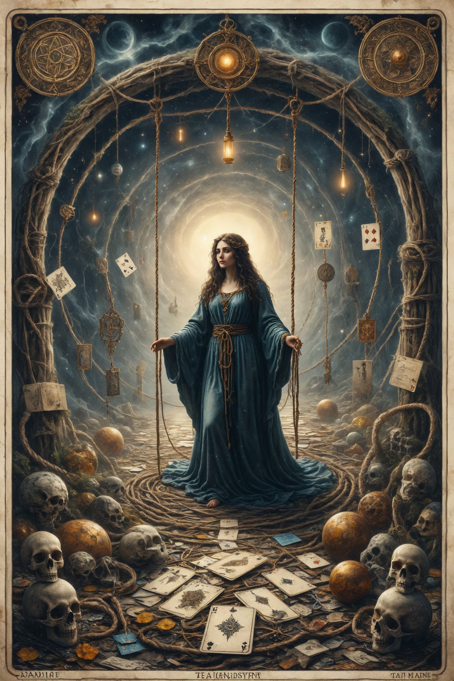 A tangle of ropes intertwines in a labyrinthine pattern, with tarot cards floating at its center, while an enigmatic figure follows the thread of Ariadne to the hidden truth, representing the discovery of deep mysteries.