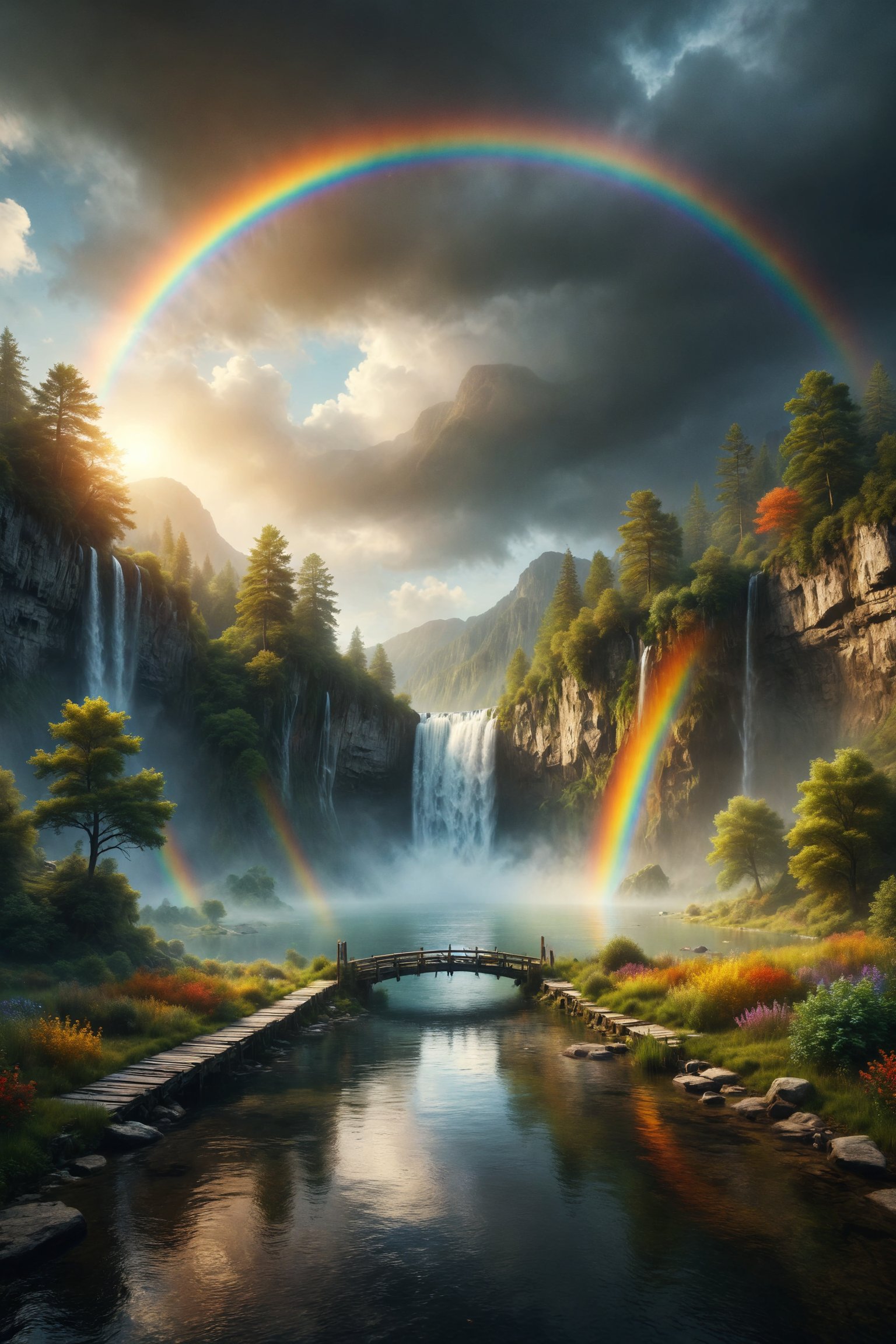 A rainbow emerging from a waterfall,  creating a bridge of colors over a tranquil lake where the reflection of love and fr...