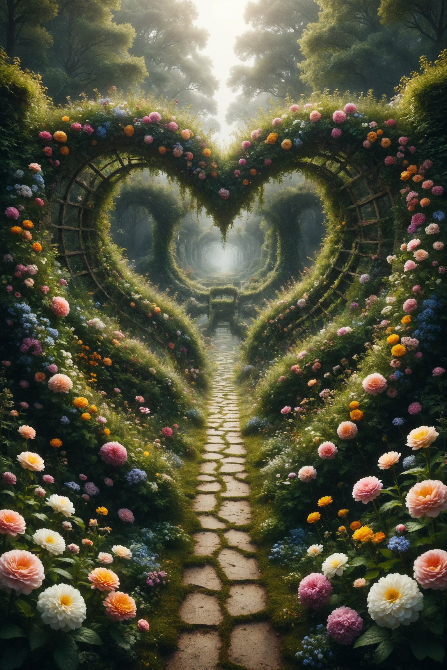 A garden of flowers coming to life,  forming a maze where two hearts meet in the center,  united by the strength of affect...