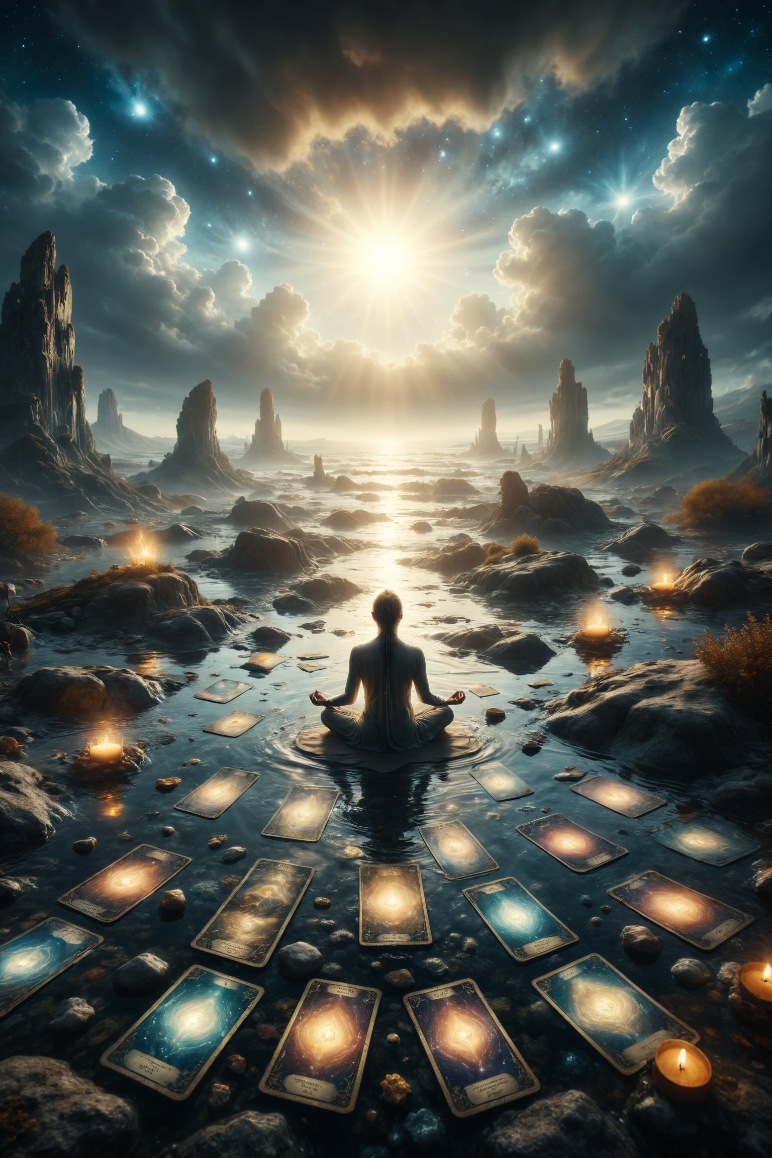 A river of light flows through a surreal landscape, with tarot cards reflected on its shining surface, while a figure in meditation immerses itself in the luminous waters, symbolizing the connection with the collective unconscious.