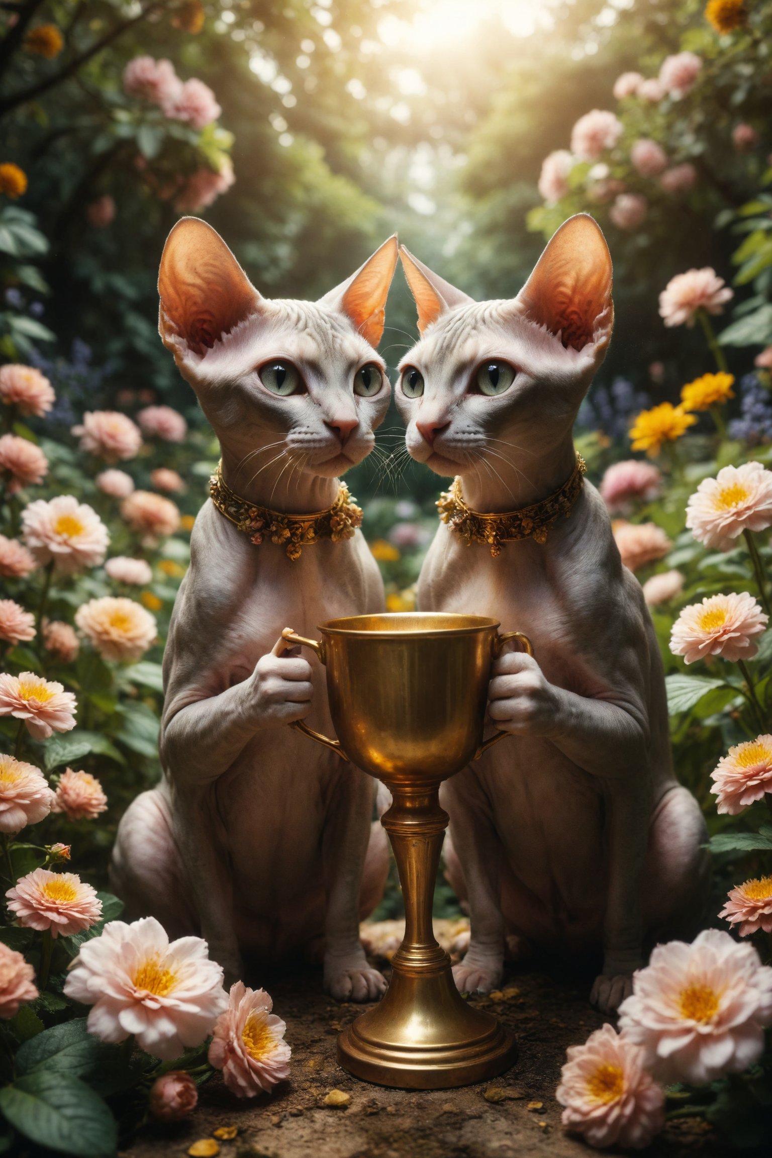 Generate a scene of two Sphynx cats in a garden,  one giving a thhpy golden cup filled with flowers to the other,  symboli...