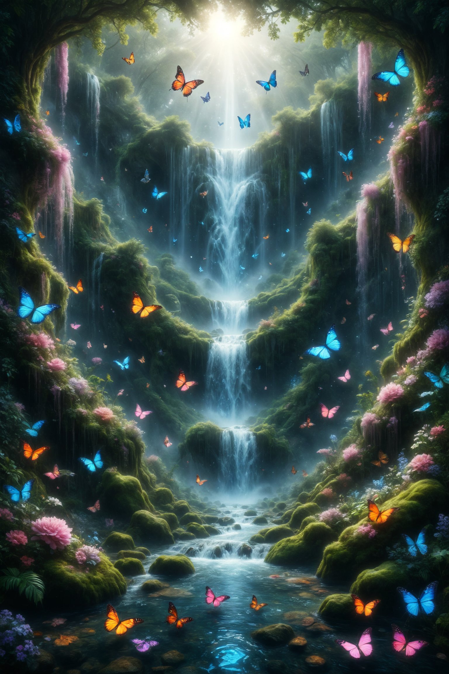 A crystalline waterfall flowing in intertwined ribbons,  surrounded by butterflies dancing to the rhythm of love and frien...