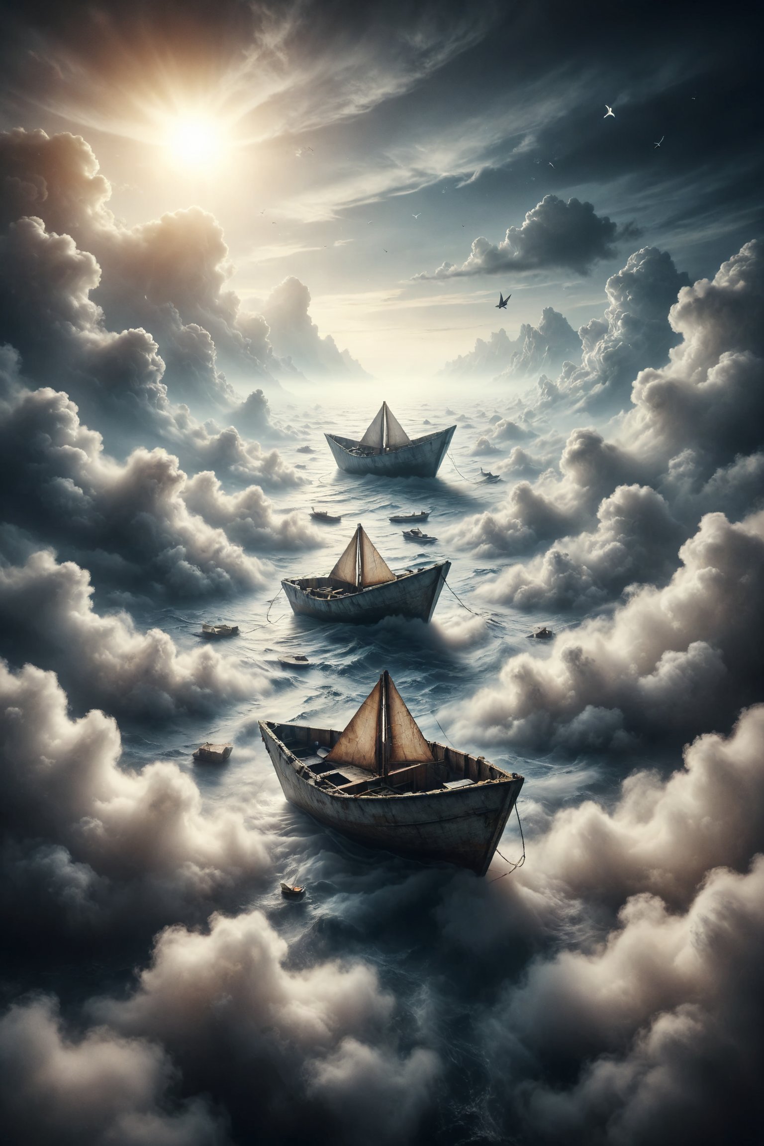 Two paper boats floating on a sea of clouds,  sailing together towards an infinite horizon where emotional bonds are the c...