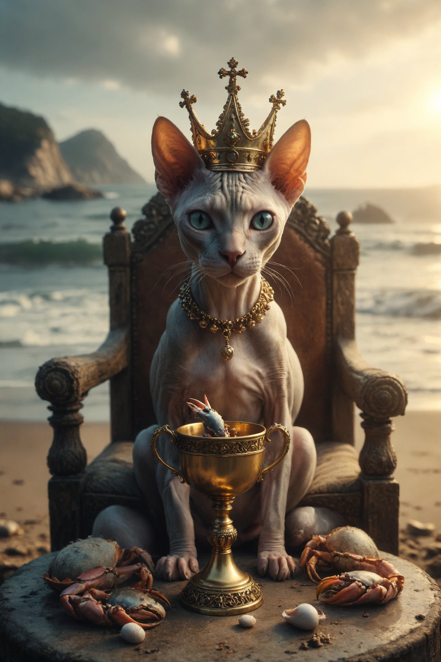 Creates an image of a female Sphynx cat wearing a crown on a throne,  and holding in her hand a large gold metal cup decor...