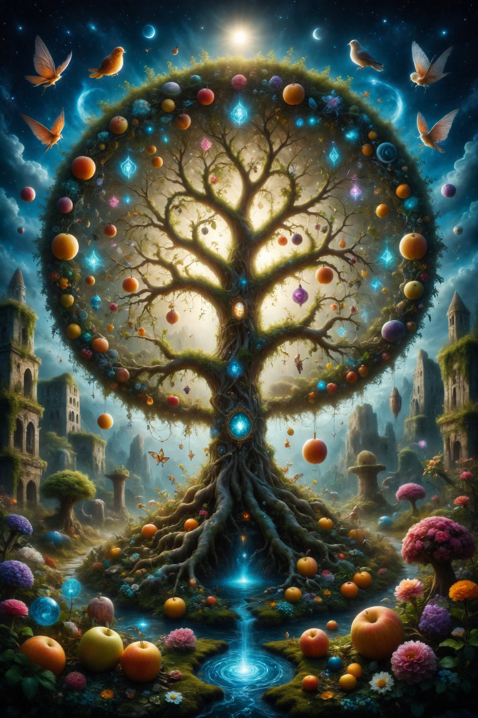 A tree of life blooms in a surreal garden, with branches twisting into intricate forms and fruits gleaming with tarot symbols, while mythological creatures dance around it in a mystical trance, symbolizing the connection between nature, the universe, and the human soul.