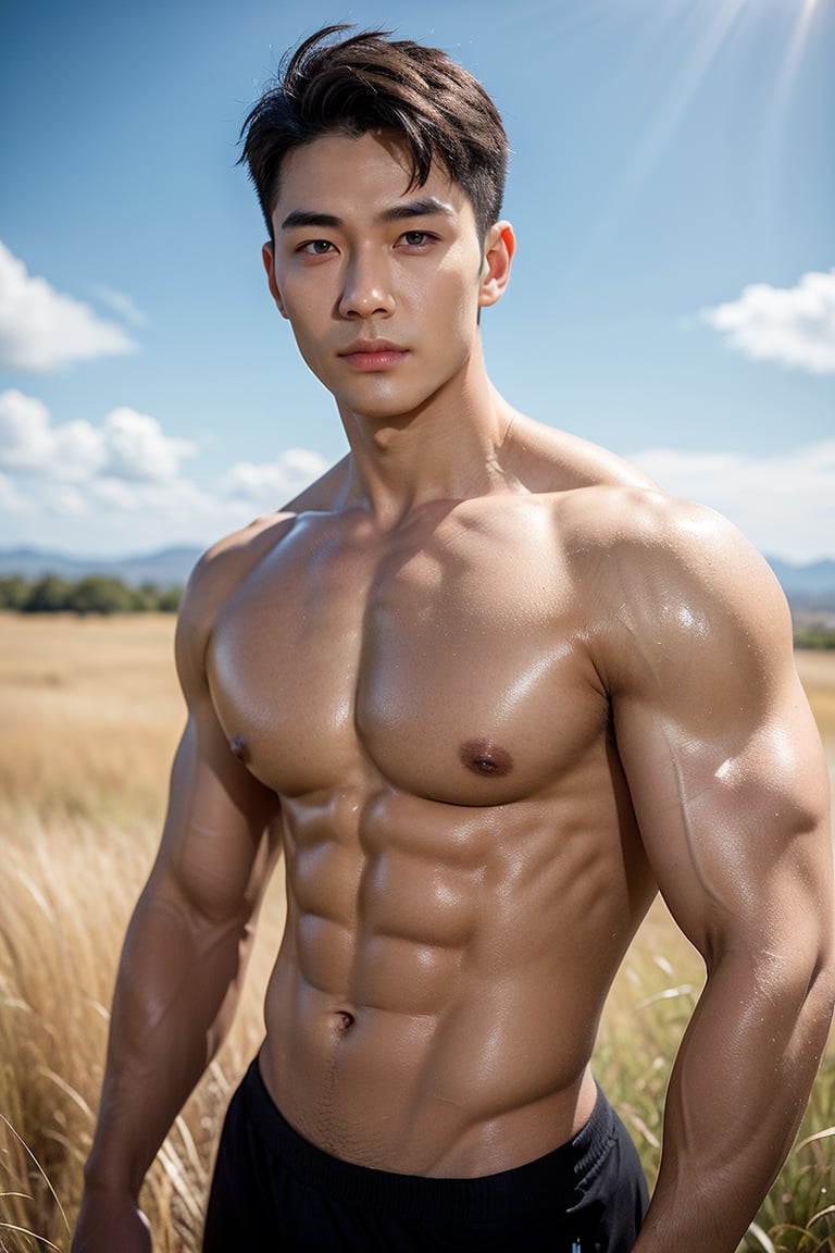 Handsome young man with Japanese×Korean features, ((strict features of face;libs;eyes rendering)),29 years old, posing in a vast Savannah Golden grassy field against an endless blue sky horizon. He stands strong, showcasing his toned physique and six-pack abs. His cheeky, mischievous expression is lit by the alluring sunlight, highlighting his healthy lips,Wide-Angle,Eye level perspective,emphasizing upper body details and strict facial features,high-impact strictly face detail, lifelike person, extremely eyes sparkle  like sapphires 