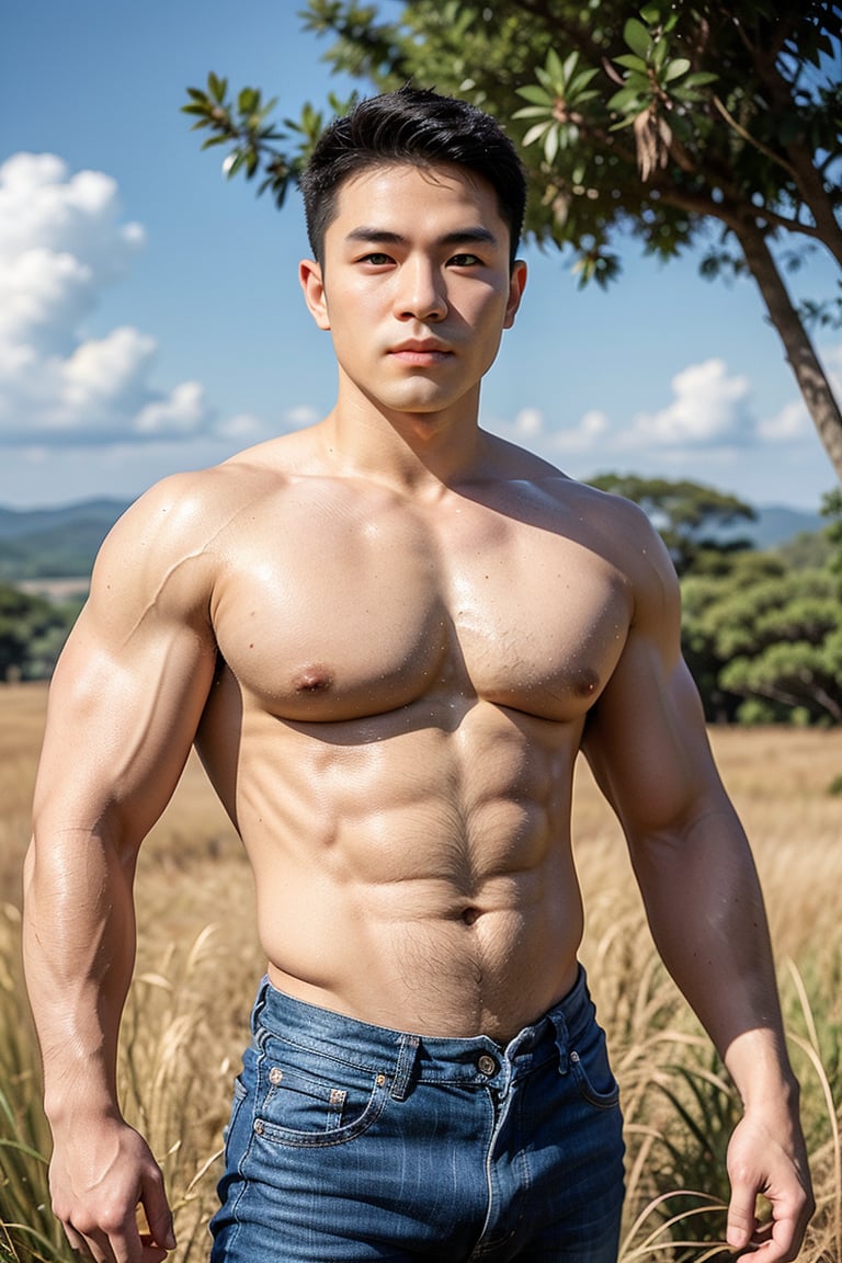 A dashing Taiwanese man with striking Japanese-Korean features, posing in a sun-kissed Savannah. His strong physique and defined abs are showcased against the vast expanse of golden grass. The blue sky horizon stretches endlessly behind him. His cheeky expression is illuminated by the warm sunlight, highlighting his plump lips and sparkling eyes that shine like sapphires. Shot from an eye-level perspective, the wide-angle framing emphasizes the upper body's definition and accentuates the strict features of his face, rendering each detail with lifelike precision.