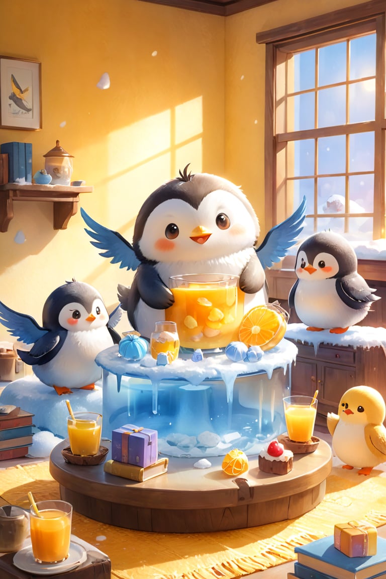 masterpiece, bestquality, illustration, watercolor,



animals , (fluffy:1.5),
3 fluffy penguins, talking, in the ice room, ice low table,
stand by the table,

Warm color lighting in the room,

yellow table cloth, juice, straw, sweets on a plate, pot, tea cup,

Books, bookshelf, lamp, basket, small shelf, stuffed fish,

bird wings, No arms, use wings like arms, 
fold one's wings,
cartoon, cute, fancy, putite, 

focus animal,
Xxmix_Catecat,Anime,hentai,More Reasonable Details