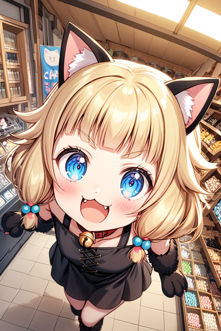 sakura nene, 1girl, solo, looking at viewer, blush, smile, short hair, open mouth, ((bangs)), blue eyes, blonde hair, brown hair, shirt, hair ornament, twintails, , collarbone, :d, toothy grin, blunt bangs,  hair bobbles , 

in the dagashi shop,

 smiling eyebrows, :3, bend the body to the right, arms up,

The camera angle is slightly tilted, adding dynamic movement to the shot, shot from above, looking at viewer,

black dress, sleeveless, bare shoulders, black paw gloves with claws, fang, black cat ears, cat collar, bell, jingle bell, neck bell, ,Mary_Shoph_Babe,tenjinbashisuji, street