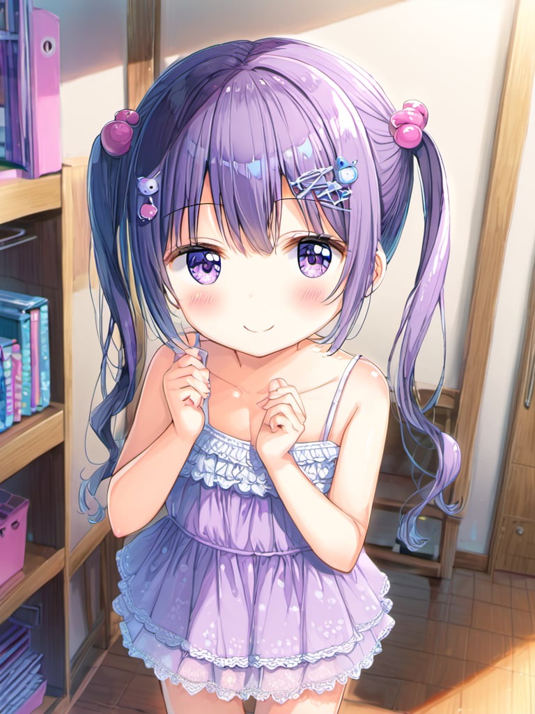 suzukazek aoba, 1girl, long hair, twintails, purple hiar, purple eyes, hair ornament, blush, bangs,

smile, kawaii, cute,

clavicle, tiny mouth, 
summer dress, sleveless, lots of lace,


in girl's room, fancy items,

looking at viewer, 

suzukaze aoba