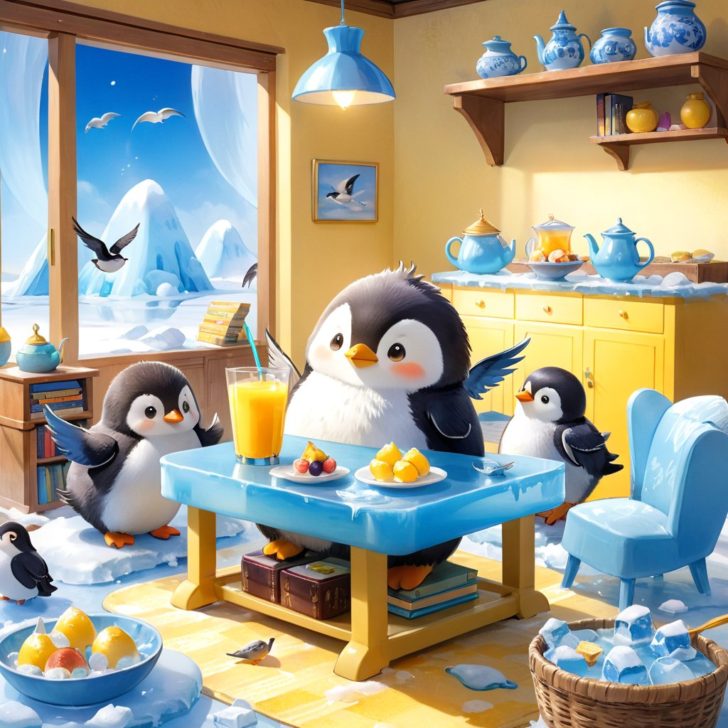 masterpiece, bestquality, illustration, watercolor,



animals , (fluffy:1.5),
2 fluffy penguin talking in the ice room,
on table, 

Ice chairs, ice table, yellow table sheet, juice, straw, sweets on a plate, pot, tea cup,

Books, bookshelf, lamp, basket, small shelf, stuffed fish,

bird wings,
cartoon, cute, fancy, putite, 

focus animal,
Xxmix_Catecat,Anime,hentai,More Reasonable Details