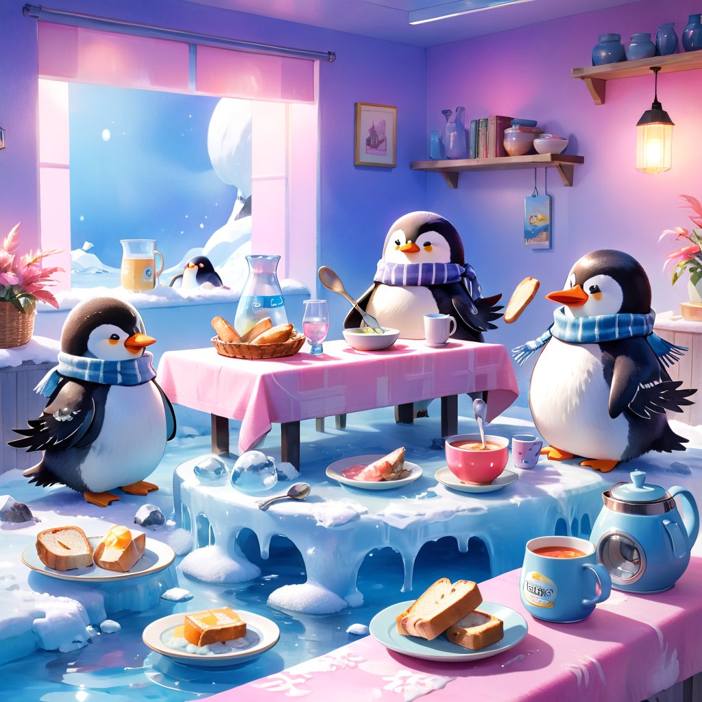 masterpiece, bestquality, illustration, watercolor,

animals , (fluffy:1.5),
4 fluffy penguins, scarfs, penguins wearing a scarf, talking, Eating bread, drinking soup with a spoon, 
in the ice room, ice low table,
stand next to the table,

cool color lighting in the room,

pink table cloth,  plate, water pot, glass,Four mugs, 4 plate with soup, a pot of soup, a salad bowl, a basket with bread,

Books, bookshelf, lamp, basket, small shelf, stuffed fish, radio cassette player,

black Arms that look like bird wings, 
cartoon, cute, fancy, putite, 

focus animal,
Xxmix_Catecat,Anime,hentai,More Reasonable Details