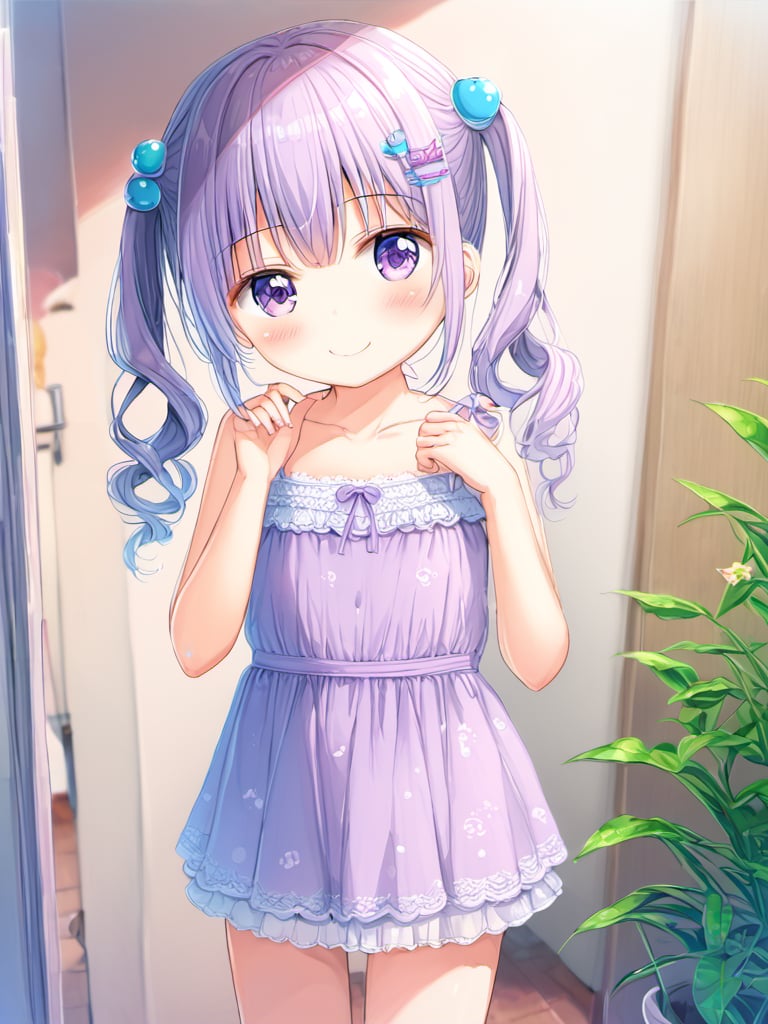 suzukazek aoba, 1girl, long hair, twintails, purple hiar, purple eyes, hair ornament, blush, bangs,

smile, kawaii, cute,

clavicle, tiny mouth, 
summer dress, sleveless, lots of lace,


in girl's room, fancy items,

looking at viewer, 

suzukaze aoba