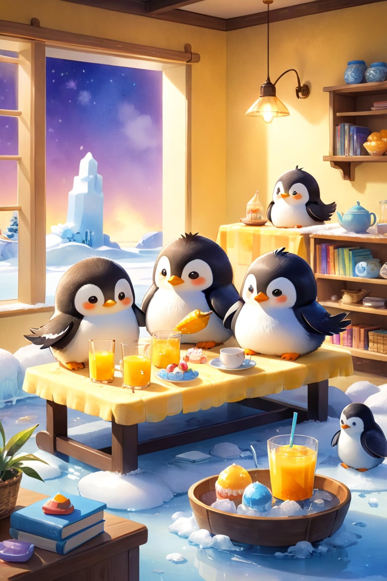 masterpiece, bestquality, illustration, watercolor,



animals , (fluffy:1.5),
3 fluffy penguins, talking, in the ice room, ice low table,
stand by the table,

Warm color lighting in the room,

yellow table cloth, juice, straw, sweets on a plate, pot, tea cup,
Books, bookshelf, lamp, basket, small shelf, stuffed fish,

Arms that look like bird wings,
cartoon, cute, fancy, putite, 

focus animal,
Xxmix_Catecat,Anime,hentai,More Reasonable Details