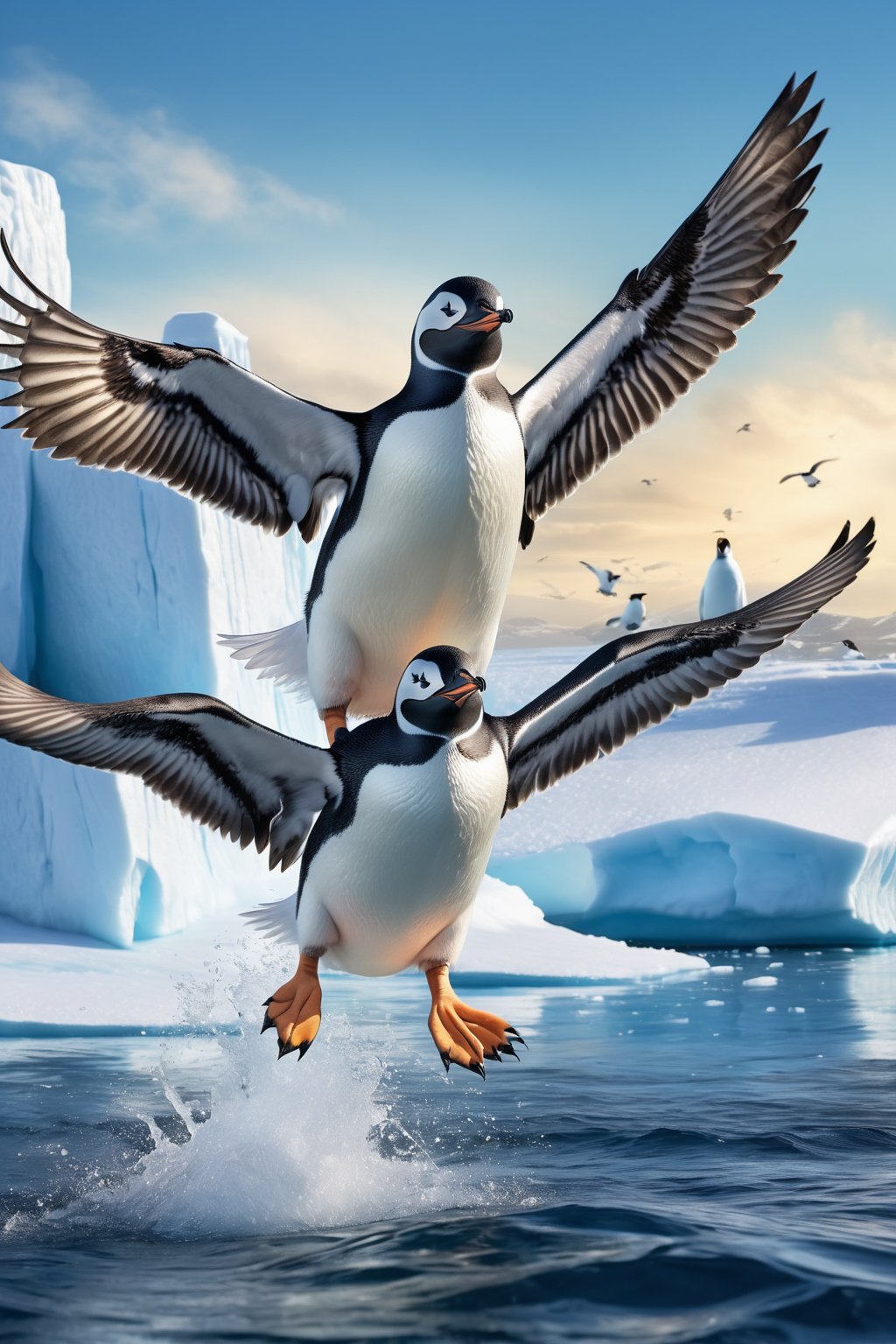 masterpiece, best quality, ultra-detailed, perfect hands, perfect anatomy, High detailed, detailed background,

3 penguins, 

(black Arms that look like big bird wings:1.5),

Flight, high altitude,
happily flying, ocean, iceberg, Antarctica, sunny sky, 
many flying penguins, Many penguins are flying in the distance,
A large flock of birds is flying,

dynamic action,

focus animal,
onsokumaru,Penguin,Bird,,Animal, 