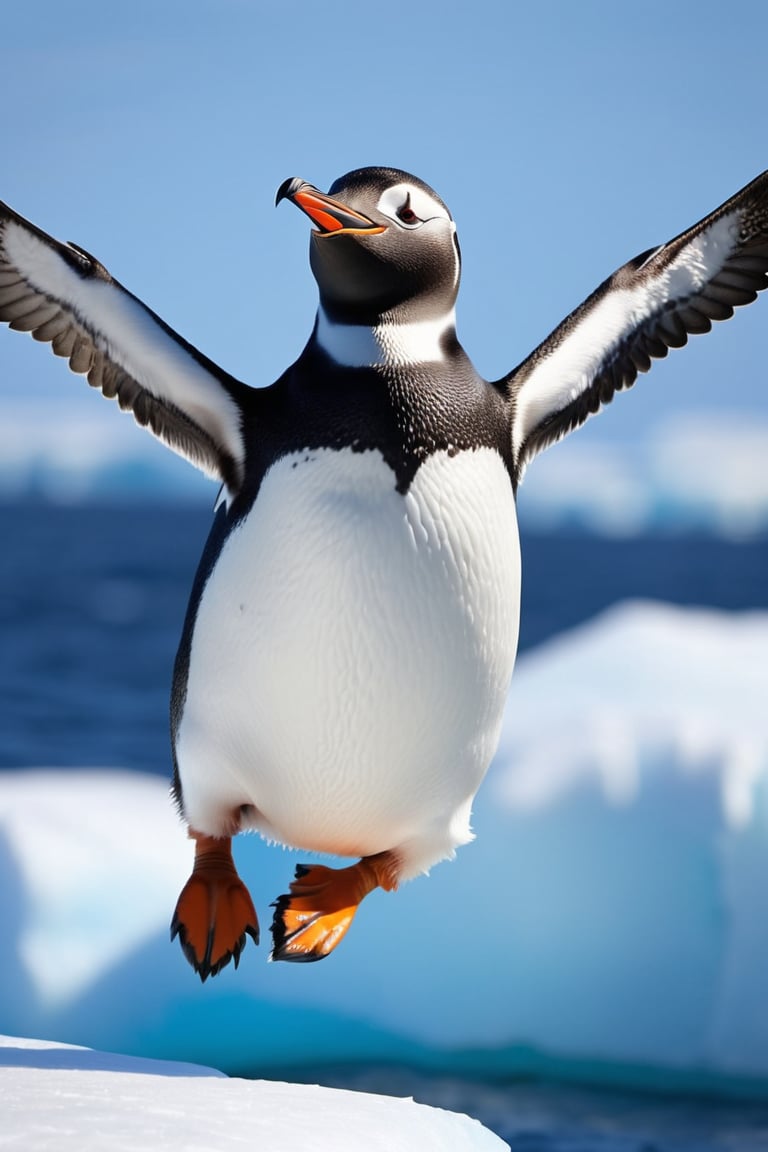 1 animal , penguin,

Puffin, like a penguin, mini fish fins, mini fish tail, chicken legs, ((stubby)), ((short stature)), 

happily flying, ocean, iceberg, Antarctica, sunny sky, dynamic action,

focus animal,
onsokumaru,Penguin,Bird,,Animal, 