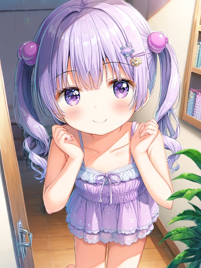 suzukazek aoba, 1girl, long hair, twintails, purple hiar, purple eyes, hair ornament, blush, bangs,

smile, kawaii, cute,

clavicle, tiny mouth, 
summer dress, sleveless, lots of lace,


in girl's room, fancy items,

looking at viewer, 

suzukaze aoba