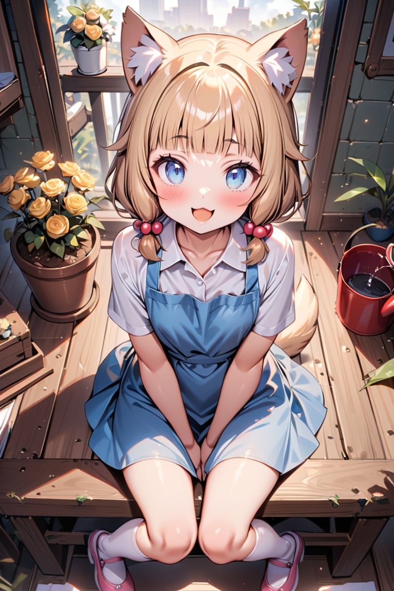 (masterpiece), sakura nene, 1girl, looking at viewer, blush, smile, short hair, open mouth, ((bangs)), blue eyes, blonde hair, brown hair, shirt, hair ornament, low twintails, , collarbone, :d, blunt bangs, hair bobbles ,

 , animal, white flower, shirt, animal ears, flower, collared shirt, , socks, , white socks, gloves, , apron,  sitting, , blush, ,tail, yellow flower, pink footwear, white shirt, animal ear fluff, , bird, kneehighs,, full body, skirt, rose, potted plant, , watering can, , shoes, blue skirt,

V-shraped eyebrows,
frog-sit, open legs,
knees away, korgi, dog between legs,
play with dog, dog looking a girl,
looking at dog, shot from front and above,

score_9,sakura nene,score_8_up,Details,mona,Detailed Masterpiece,nekomimimeganekao