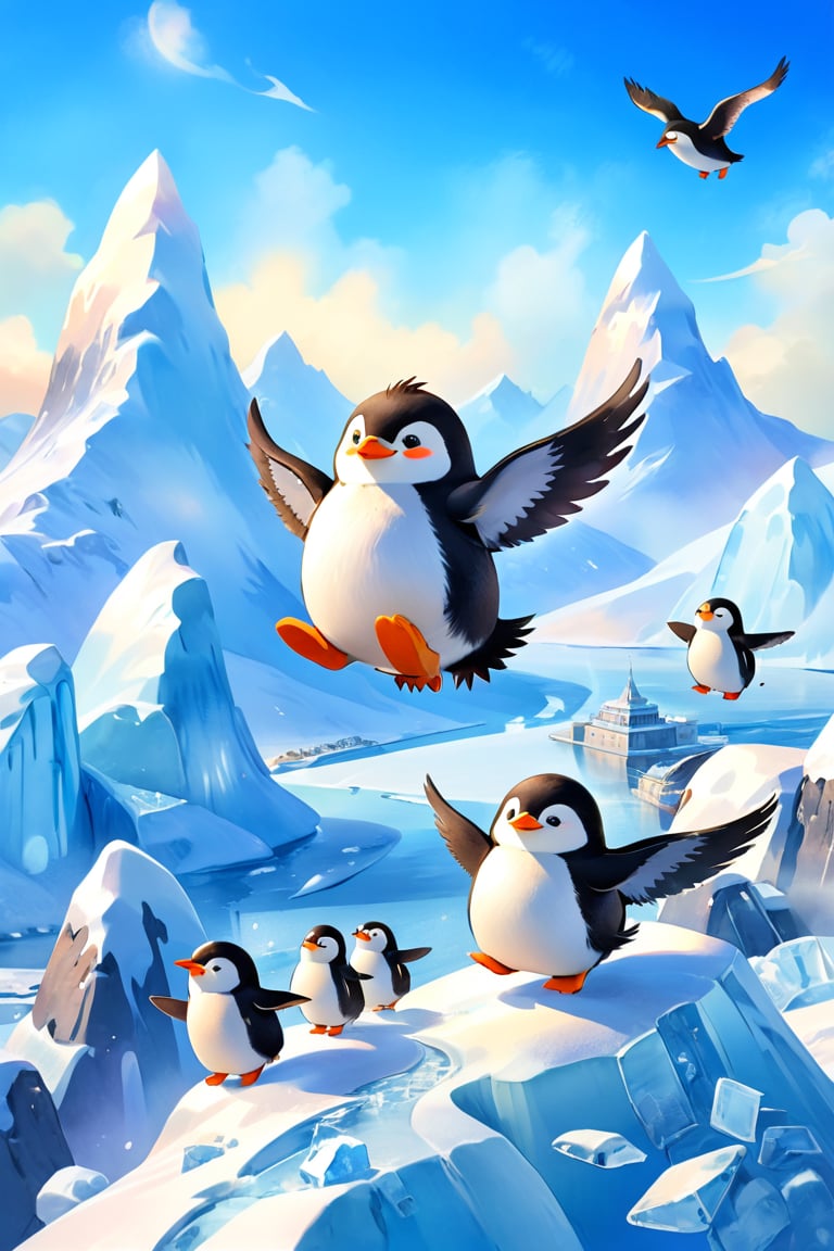 masterpiece, bestquality, illustration, watercolor,

animals , (fluffy:1.5),
4 fluffy penguins, talking, 

Penguins are flying,  in the sky, 
They are happily flying around.,

Flying high in the sky, you can see a shrunken cityscape in the distance below. In the distance there is a mountain of ice. The land of Antarctica.,

black Arms that look like bird wings, 
cartoon, cute, fancy, putite, 

focus animal,
Xxmix_Catecat,Anime,hentai,More Reasonable Details