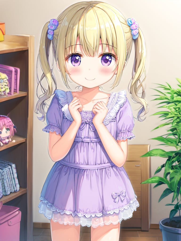 suzukazek aoba, 1girl, long hair, twintails, purple hiar, purple eyes, hair ornament, blush, bangs,

smile, kawaii, cute,

clavicle, tiny mouth, 
summer dress, sleveless, lots of lace,


in girl's room, fancy items,

looking at viewer, 

suzukaze aoba