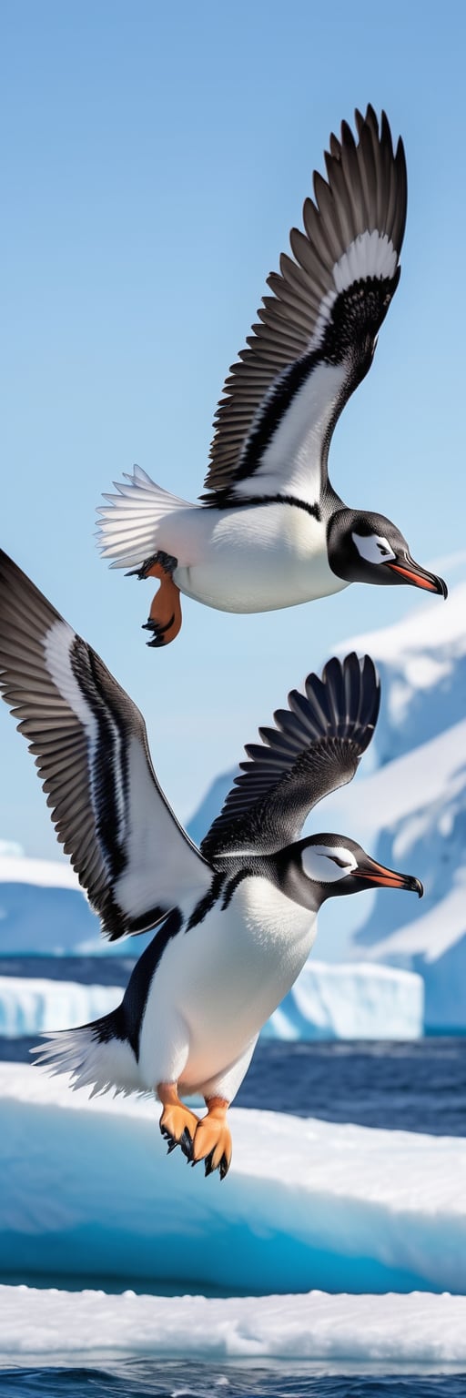 masterpiece, best quality, ultra-detailed, perfect hands, perfect anatomy, High detailed, detailed background,

3 penguins, many birds,

(black Arms that look like big bird wings:1.5),

many Flight, high altitude,
happily flying, ocean, iceberg, Antarctica, sunny sky, 
many flying penguins, Many penguins are flying in the distance,
A large flock of birds is flying,
many flight penguin, flight high altitude, 

dynamic action, dynamic shot,

focus animal,
onsokumaru,Penguin,Bird,,Animal, 