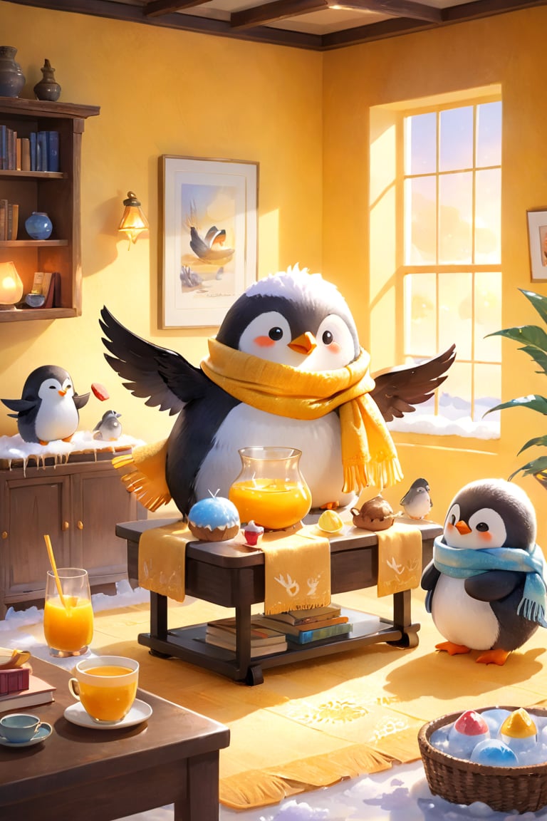 masterpiece, bestquality, illustration, watercolor,

animals , (fluffy:1.5),
3 fluffy penguins, talking, in the ice room, ice low table,
stand next to the table,
Scarf,
Warm color lighting in the room,

yellow table cloth, juice, straw, sweets on a plate, pot, tea cup,
Books, bookshelf, lamp, basket, small shelf, stuffed fish,

black Arms that look like bird wings, 
cartoon, cute, fancy, putite, 

focus animal,
Xxmix_Catecat,Anime,hentai,More Reasonable Details