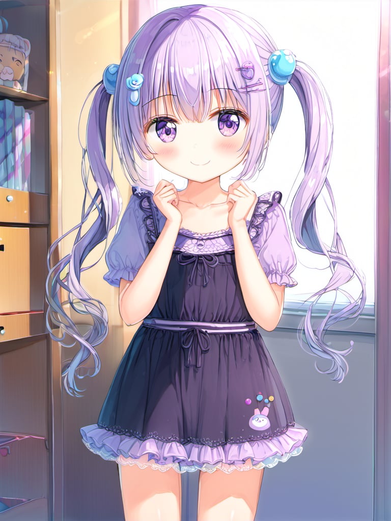 suzukazek aoba, 1girl, long hair, twintails, purple hiar, purple eyes, hair ornament, blush, bangs,

smile, kawaii, cute,

clavicle, tiny mouth, 
summer dress, sleveless, lots of lace,


in girl's room, fancy items,

looking at viewer, 

suzukaze aoba